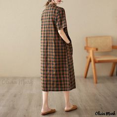 Olivia Mark - Vintage Casual Cotton Linen Plaid Maxi Dress Loose Fit Skirt Casual Plaid A-line Dress, Casual Brown Dress With Pockets, Casual Brown Dresses With Pockets, Summer Plaid Dresses With Pockets, Casual Plaid Short Sleeve Dress, Casual Plaid Dresses With Pockets, Casual Work Dresses With Pockets, Casual Brown Workwear Dress, Casual Fall Dresses With Slip Pockets