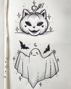 a drawing of a bat and a cat with bats on it's head, in the shape of a pumpkin