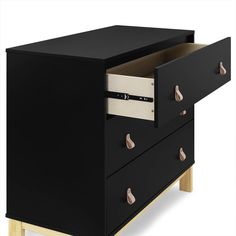 a black and gold dresser with two drawers on one side, an open drawer on the other