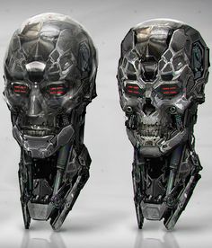 two futuristic looking heads with red eyes