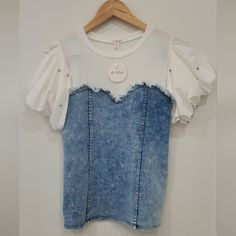 Questions? Leave A Comment Below! White Stretch Denim Tops, White Short Sleeve Denim Tops, White Denim Short Sleeve Top, Trendy White Denim Tops, White Denim Top, Pastel Top, Pastel Blue, Blue Jeans, Bodice