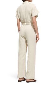 Swing into the office or brunch in this kicky wide-leg jumpsuit boasting a marbled, tonal buckle on the matching belt and convenient side pockets for on-the-go storage. Front button closure Point collar Short sleeves Removable belt Side-seam pockets 100% cotton Machine wash, line dry Imported Jumpsuit Mango, Favorite Daughter, Platform Slippers, Blazer With Jeans, Maternity Shops, Pointed Toe Shoes, Kids Sandals, Designer Clothes For Men, Modern Outfits