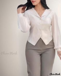 Olivia Mark - Lacy Panelled Buttoned Notched Neckline Blouse Classic Fitted Puff Sleeve Blouse, Classic Fitted Blouse With Puff Sleeves, Fitted Vintage Padded Blouse, Classic Fitted Padded Blouse, Fitted Vintage V-neck Blouse, Fitted Padded Button-up Blouse, White