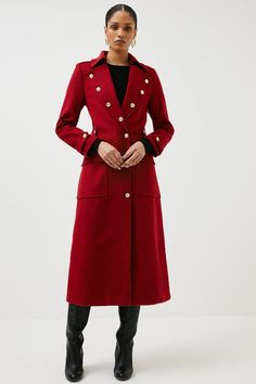 Rows Of Glossy Military-Style Buttons Adorn This Richly Hued Midi Coat. Sumptuously Crafted From Fine Italian Wool, It Adds Instant Refinement To Casual Looks And Features Roomy Patch Pockets And Buckled Cuffs For Added Utility-Style Edge. Military Coat Outfit, Short Faux Fur Coat, Womens Black Coat, Belted Wrap Coat, Sleeveless Coat, Leopard Print Coat, Military Coat, Stylish Coat, Belted Trench Coat