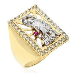 Ring Size: 12 Product Category: Rings Weight (gm): 6.5 Body Area: Finger Occasion: Any Theme: Religious Shape: Rectangle For: Men Metal: Yellow Gold Metal Purity: 10K Base Metal: Yellow Gold, 10k Finish: High Polished Color: Yellow Ring Size: 8, 8.5, 9, 9.5, 10, 10.5, 11, 11.5, 12 Resizable: Yes Ring Width (mm): 23 Ring Style: Signet Main Stone: Zirconia Gemstone: Ruby, Zircon Carat Total Weight (ctw): 0.35 Main Stone Color: White Main Stone Shape: Round Cut Grade: Ideal Secondary Stone: Ruby Se Rectangle Signet Ring, Saint Lazarus, Heart Accessories, Yellow Rings, Halo Earrings Studs, Gold Signet Ring, Silver Shop, Toe Rings, Gorgeous Earrings