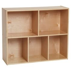 a wooden shelf with four compartments on each side