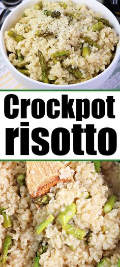 this is an image of crockpot risotto with asparagus