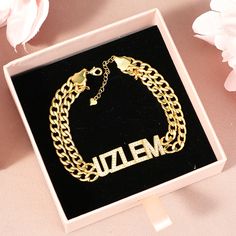 Material: Copper. Color: Gold. Chain Length: 5.5",6.5",7.5",8.5". Process: Gold plated. Recipient: Women, Mom, Wife, Girl Friend, Children, Family. Product Type: Personalized Jewelry. Gift Type: Bracelet. Occasions: Valentine's Day, Mother's Day, Christmas, Birthday, etc. Bracelet Type: Name Bracelet. Brand: Silviax Jewelry. Item: 2021BR0012 Gold Metal Bracelets With Rhinestones, Gold Crystal Chain Bracelet For Gifts, Gold Crystal Chain Bracelet Perfect For Gifts, Gold Rhinestone Metal Bracelets, Gold Rhinestone Bracelets, Metal Nameplate Jewelry For Party, Metal Chain Bracelet With Rhinestones As A Gift, Metal Rhinestone Bracelet For Gifts, Gold Bracelets With Chain For Party