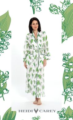 Shop my comfy and Stylish Hand screen print robe, 100% cotton. Discover my homewear collection. #HeidiCarey #KimonoRobes #PrintedRobes #Homewear #maternityrobe #bestgifts Elegant Spring Loungewear Robe, Elegant Spring Vacation Robe, Elegant Spring Home Robe, Green Spring Robe For Loungewear, Elegant Green Spring Robe, Elegant Spring Kimono For Home, Elegant Spring Sleep Robe, Green Spring Loungewear Robe, Lily Of The Valley Robe