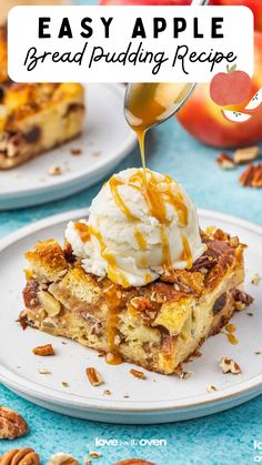 an easy apple bread pudding recipe on a plate