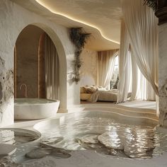 a large white bath tub sitting inside of a bathroom next to a bed and window