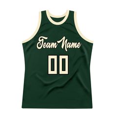 Custom Hunter Green Cream-Black Authentic Throwback Basketball Jersey Custom Basketball Jersey, Blue Football, Custom Basketball, White Jersey, Green Cream, Team Names, Baseball Shirts, Basketball Jersey, Logo Color