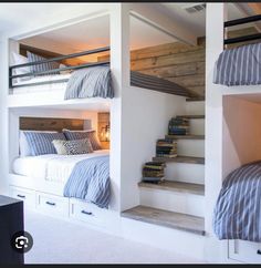 bunk beds are built into the side of each other in a bedroom with white walls