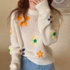 Floral Sweater Outfit, Scrubs Dress, Flower Sweater, High Fashion Women, Warm Sweaters, Cardigan Sweaters For Women, Other Outfits, Winter Sweaters, Flower Fashion