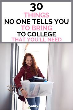 a woman is smiling and holding a plastic container with the words 30 things no one tells you to bring to college that you'll need