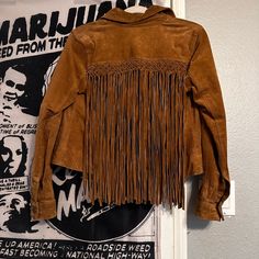 Fringe Brown Cowgirl Jacket Trendy Spring Fringe Outerwear, Trendy Fringe Outerwear For Spring, Brown Cropped Jacket For Spring, Trendy Brown Cropped Jacket For Spring, Casual Fringe Outerwear For Spring, Spring Fringed Outerwear For Work, Chic Fringed Outerwear For Spring, Chic Fringe Outerwear For Spring, Chic Spring Outerwear With Fringe