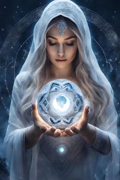 a woman holding a crystal ball in her hands with the light shining through it's eyes