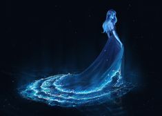 a woman in a blue dress is floating on the water