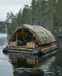 an inflatable raft floating on top of a body of water