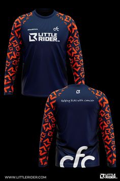 the front and back of a long - sleeved jersey with an orange, white and blue design