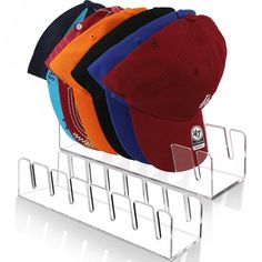 a rack with five hats on it