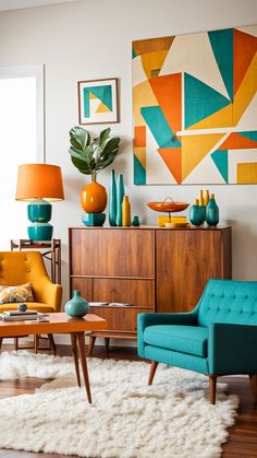 a living room filled with furniture and paintings on the wall above it's coffee table