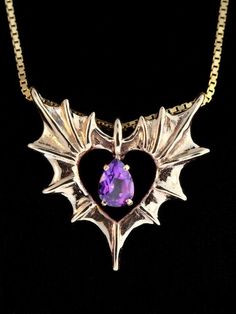 Heart Necklace Jeweled Wing Necklace Love Necklace Phantom Heart Charm with Gemstone Dragon Jewelry Gothic Gold Heart-shaped Jewelry, Gothic Gold Heart Jewelry, Fantasy Winged Jewelry Gift, Gold Gothic Jewelry For Anniversary, Winged Heart, Necklace Love, Dragon Jewelry, Dragon Wings, Wing Necklace