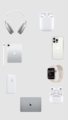 an assortment of apple products including headphones, laptops and other electronics