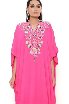 Shop for Payal Singhal Pink Crepe Floral Embroidered Kaftan for Women Online at Aza Fashions Kaftan Sleeves, Pink Kaftan, Kaftan For Women, Payal Singhal, Embroidered Kaftan, Embroidered Motifs, Scallop Trim, Pattern Embroidery, Embroidery Thread