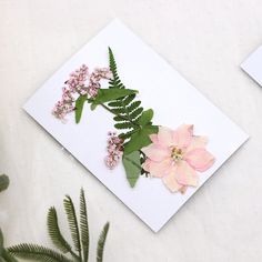 two cards with pink flowers and green leaves on them next to some plants in the background