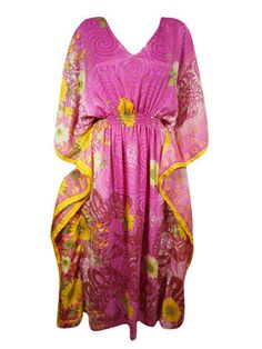 Women Boho Beach Kaftan Pink, Yellow Floral Maxi Caftan Dress, L-2XL Elevate your fashion game with our Boho Summer Maxi Kaftan - the perfect blend of chic style and sustainable fashion. Made from recycled silk saris, this dress offers unparalleled comfort with its elastic waist and oversized boho design. From the beach to formal events, this must-have piece exudes exclusivity and eco-friendliness. Support the environment while looking luxurious with our Boho Summer Maxi Kaftan. Stay stylish and Pink Floor-length Summer Kaftan, Pink V-neck Beach Kaftan, Bohemian Kaftan With Vibrant Print For Beach Cover-up, Vibrant Maxi-length Spring Kaftan, Summer Caftan, Pink Floral Print Kaftan For Beach Cover-up, Beach Kaftan, Maxi Kaftan, Bohemian Summer