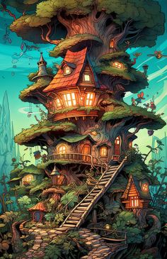 an illustration of a tree house with stairs leading up to it