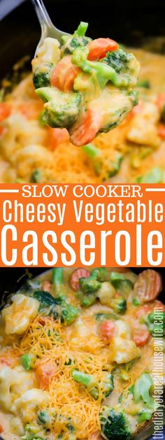 slow cooker cheesy vegetable casserole with cheese and broccoli