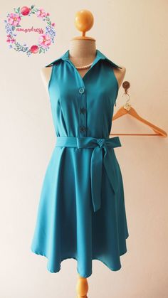 "Vintage modern dress for working day, casual time, bridesmaid dress ✄ ITEM DESCRIPTION ✄ **New casual smart dress for all day to night. **Shirt collar/ sleeveless top. **Side hidden zipper. **Beautiful fabric, swing skirt. Fully lined. **Nice design for day work / night party / bridesmaid. Listing not including any accessories. ✄ MATERIAL ✄ **Amena fabric **Lining material **Plastic button ✄S I Z E ✄ Please measure your body at bust, waist, hip in inch. Then check below range of size. If everyt Teal Dress Outfit, Teal Clothing, Casual Dress Party, Modern Dress Patterns, Sundress Vintage, Teal Bridesmaid, Teal Bridesmaid Dresses, Midi Gowns, Teal Dresses