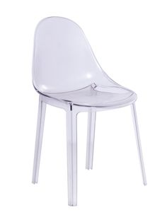 a clear plastic chair sitting on top of a white floor