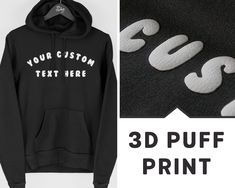 "A Quality Custom Text Hoodie Printed Using a Premium 3D Puff Print. This item is ideal for anyone wanting a personalised hoodie with a premium print finish. Each hoodie is hand printed to order using the finest materials.  --- HOW TO ORDER --- 1. Choose the colour of the hoodie you require. 2. Choose the size (see size guide in the listing images). 3. Personalisation: * Maximum 4 lines of text. * Up to 3 words per line (12 words in total). * Enter font choice required. * Example: Font 2 Line 1: The Quick Line 2: Brown Fox Line 3: Jumps Over Line 4: The Lazy Dog NOTE: If no font choice is mentioned then this item prints as the style shown in the main product image by default. 4. Click the \"Buy it Now' or 'Add to Basket' Button Please message us if you have any questions and we will assist Customizable Hooded Sweatshirt For Winter, Customizable Hooded Winter Sweatshirt, Puff Print Hoodie, Lazy Dog, Puff Print, Print Finishes, Personalized Hoodies, Print Hoodie, Hand Print