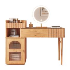 a wooden desk with drawers and a mirror