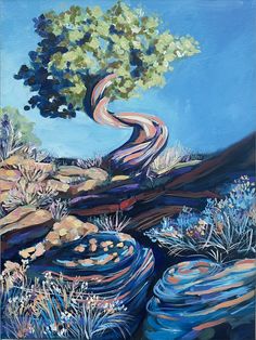 an oil painting of a tree and rocks