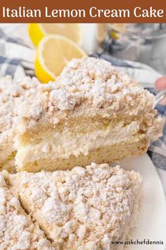 lemon cream cake on a white plate with the rest of the cake in the background