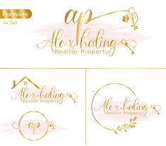 four different logos for real estate agent and property listing company, with gold foil on white background