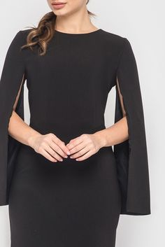 We love this dress! It is simple but still stunning in the details. No matter what occasion you wear this dress, you will receive many compliments. The dress has long sleeves that open from the top of the schest. This creates a cape effect. The hem plays around the knee, depending on body size. The fabric is a soft viscose blend that adapats to your figure and is comfortable to wear in any season. The dress is figure-playing. The dress ANGEL is lined inside the sleeves. You can wash it in your w Long Sleeve Midi Dress With Structured Shoulders For Party, Evening Midi Dress With Structured Shoulders And Long Sleeves, Evening Long Sleeve Midi Dress With Structured Shoulders, Fitted Maxi Dress With Cape Sleeves For Party, Fitted Long Sleeve Dress With Draped Sleeves For Fall, Evening Dresses With Structured Shoulders For Fall, Fall Evening Dress With Structured Shoulders, Fall Party Maxi Dress With Bell Sleeves, Chic Fitted Long Sleeve Dress With Bell Sleeves