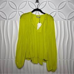 Zara Nwt Sheer Pleated Blouse Yellow V-neck Blouse For Spring, Yellow Long Sleeve Tops For Spring, Yellow V-neck Blouse For Fall, Trendy Neon Yellow Tops For Spring, Chic Yellow Blouse For Fall, Fitted Yellow Zara Top, Zara Yellow Spring Blouse, Zara Yellow Spring Tops, Chic Yellow Zara Blouse