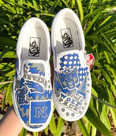 "UNR Custom Shoes *ALL SIZES ARE WOMENS SIZES, BUT IF YOU NEED A MENS SIZE, BUY THE CORRESPONDING WOMENS SIZE AND WRITE IN THE NOTES \"MENS SIZE\"" School Spirit Shoes Painted, School Spirit Shoes, University Of Nevada Reno, Hand Painted Vans, Vans Shoes Fashion, Shoe Painting, Custom Vans Shoes, Painted Shoes Diy, Cute Vans