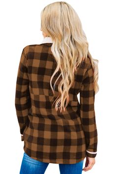 Brown Plaid Fleece Pullover Sweatshirt Cozy Plaid Long Sleeve Sweater, Cozy Plaid Long Sleeve Top, Plaid Fleece Jacket For Winter, Plaid Long Sleeve Fleece Jacket For Winter, Plaid Long Sleeve Top For Fall, Cozy Brown Long Sleeve Fleece Jacket, Brown Long Sleeve Fleece Sweatshirt, Brown Fleece Long Sleeve Sweatshirt, Plaid Long Sleeve Sweater For Fall