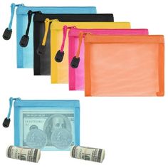 four different colored zippered pouches with one dollar bill sticking out of the bottom