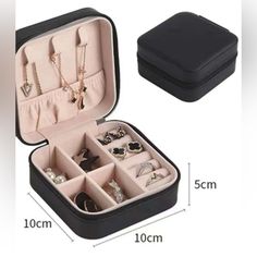 an open black case with jewelry inside and measurements for the contents to be packed in