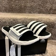 Brand New In A Damaged Box And Authentic Item. Rare. Adidas Slides With Rubber Sole For Streetwear, Adidas Synthetic Slides With Rubber Sole, Adidas Slides With Rubber Sole, Adidas Sports Slides With Rubber Sole, Adidas Sporty Slides With Rubber Sole, White Sport Sandals With Removable Insole, White Sandals With Removable Insole For Streetwear, Adidas Black Sport Sandals, Adidas Sporty Black Sport Sandals