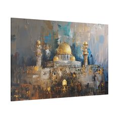 an abstract painting of a building with gold domes