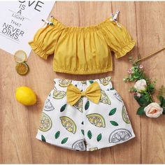 Girls Yellow Crop Top And Lemon Shorts Set Beach Summer Vacation Toddler Girls Outfits, Short Pants Outfit, Strap Skirt, Girls Outfits, Girls Summer Outfits, Top Pants Set, Baby Outfits Newborn