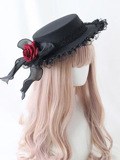 This price is for a hat only, others are not included. Lolita Accessories:Elegant Flat Hat / Floral Design Black Brimmed Hat For Halloween, Black Brimmed Halloween Hat, Black Vintage Fedora For Spring, Black Brimmed Fedora For Halloween, Black Cloche Hat With Flat Brim, Black Wide Brim Costume Hat, Black Hat Band For Spring, Black Flat Brim Hat Bands For Halloween, Flat Brim Halloween Hat